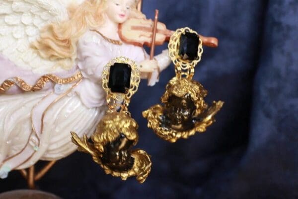 SOLD! 9861 Baroque Chubby Black Cherubs Earrings