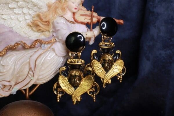SOLD! 9862 Baroque Chubby Black Chandelier Cherubs Earrings - Image 2