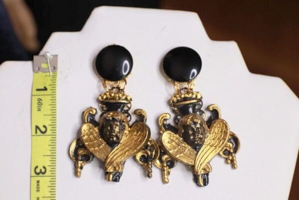 SOLD! 9862 Baroque Chubby Black Chandelier Cherubs Earrings - Image 3