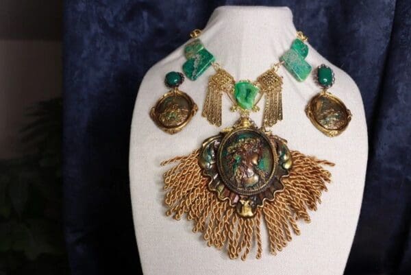 SOLD! 9891 Set Of Art Deco Bronze Color Patina Genuine Gemstones Fringe 3D Necklace+ Earrings - Image 2