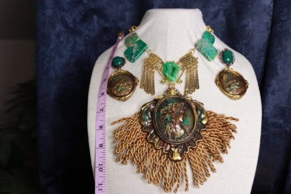 SOLD! 9891 Set Of Art Deco Bronze Color Patina Genuine Gemstones Fringe 3D Necklace+ Earrings - Image 5