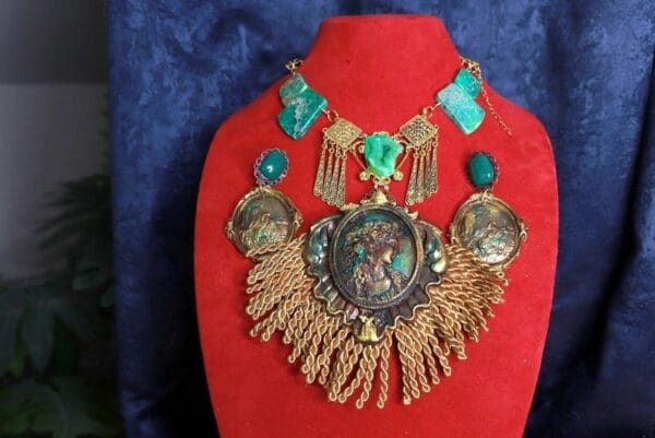 SOLD! 9891 Set Of Art Deco Bronze Color Patina Genuine Gemstones Fringe 3D Necklace+ Earrings - Image 6