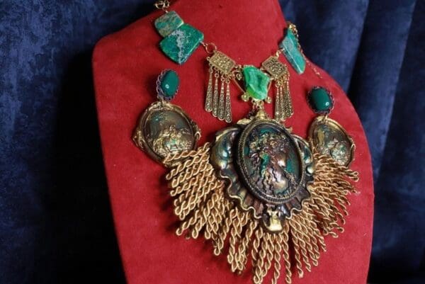 SOLD! 9891 Set Of Art Deco Bronze Color Patina Genuine Gemstones Fringe 3D Necklace+ Earrings