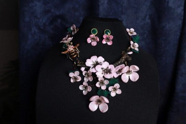 SOLD! 9884 Set Of Sakura blossom Hand Painted Massive Necklace+ Earrings - Image 2