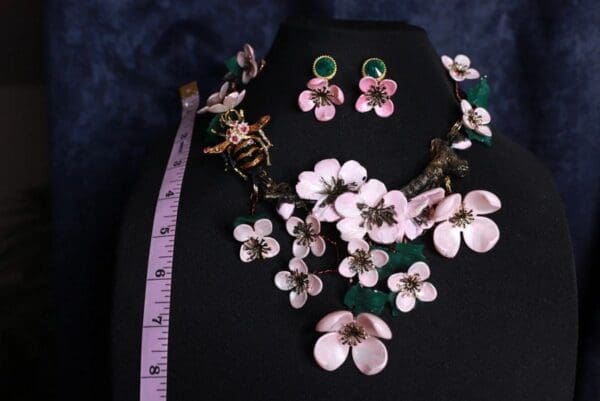SOLD! 9884 Set Of Sakura blossom Hand Painted Massive Necklace+ Earrings - Image 7