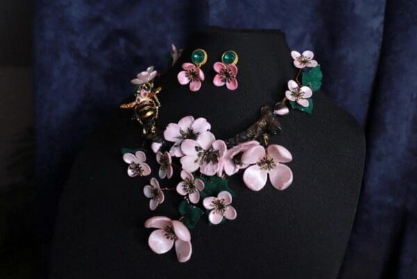 SOLD! 9884 Set Of Sakura blossom Hand Painted Massive Necklace+ Earrings - Image 4