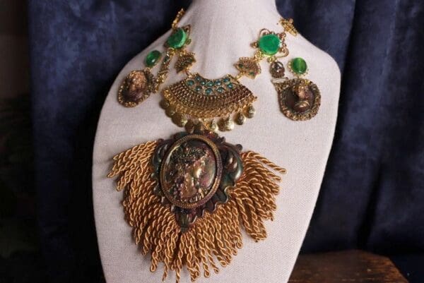 SOLD! 9901 Set Of Art Deco Bronze Color Patina Genuine Gemstones Fringe 3D Necklace+ Earrings - Image 2