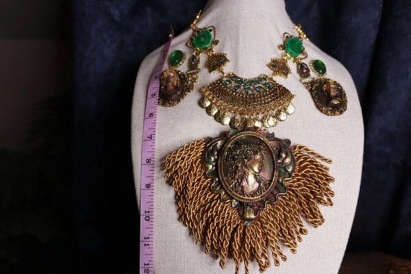 SOLD! 9901 Set Of Art Deco Bronze Color Patina Genuine Gemstones Fringe 3D Necklace+ Earrings - Image 3