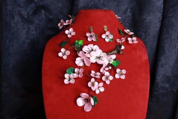 SOLD! 9913 Set Of Sakura blossom Hand Painted Massive Necklace+ Earrings - Image 4
