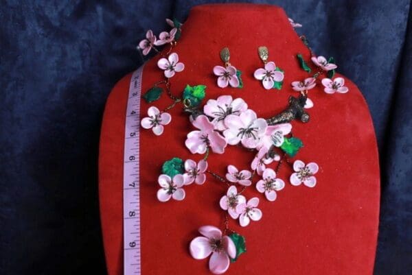 SOLD! 9913 Set Of Sakura blossom Hand Painted Massive Necklace+ Earrings - Image 5