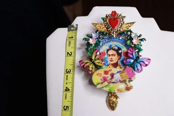 SOLD! 9915 Frida Kahlo Enamel Hand Sacred Heart Butterfly Huge Brooch - Image 7