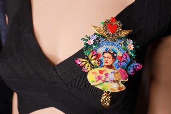SOLD! 9915 Frida Kahlo Enamel Hand Sacred Heart Butterfly Huge Brooch - Image 3