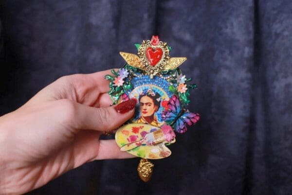 SOLD! 9915 Frida Kahlo Enamel Hand Sacred Heart Butterfly Huge Brooch - Image 8