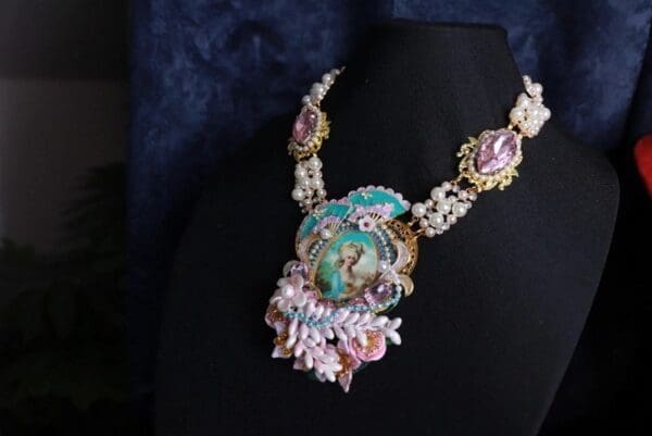 SOLD! 9918 Marie Antoinette Cameo Aqua Fan Vintage Style Necklace - Image 3