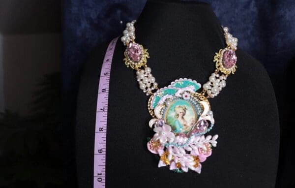 SOLD! 9918 Marie Antoinette Cameo Aqua Fan Vintage Style Necklace - Image 7