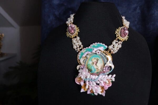 SOLD! 9918 Marie Antoinette Cameo Aqua Fan Vintage Style Necklace - Image 2