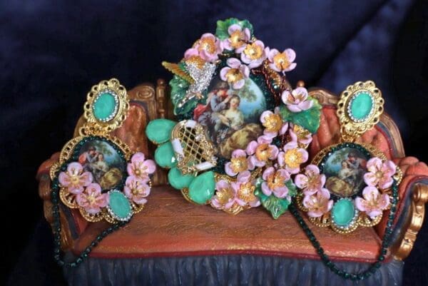 9954 Set Of Brooch + Earrings Victorian Hand Painted Massive - Image 2
