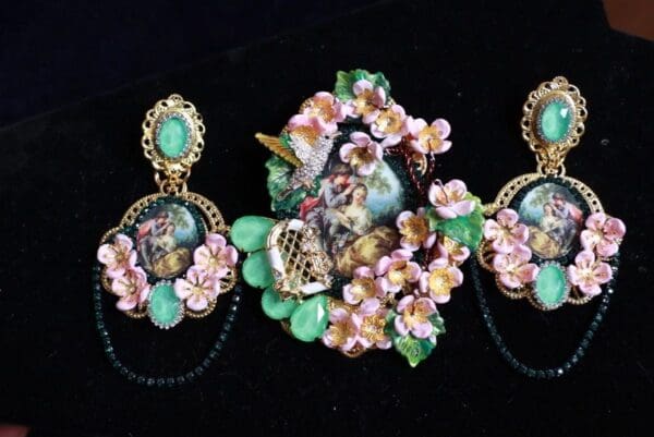 9954 Set Of Brooch + Earrings Victorian Hand Painted Massive