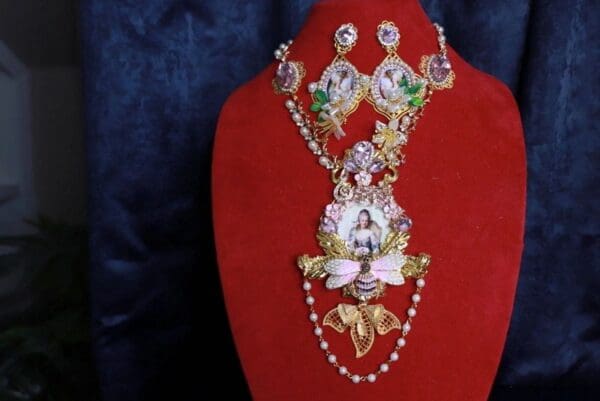 SOLD! 9955 Young Marie Antoinette Birds Pink Bee Massive Necklace