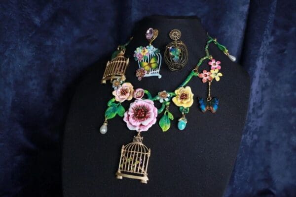 SOLD! 9967 Set Of Enamel Flowers Bird Cages Massive Necklace+ Earrings - Image 2