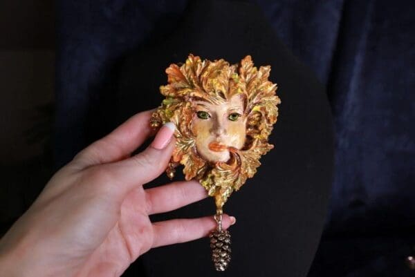 SOLD! 9971 Mystical Mythology Face Fall Leaves Brooch - Image 2