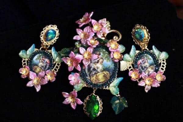SOLD! 9980 Set Of Brooch + Earrings Victorian Renaissance Hand Painted Massive