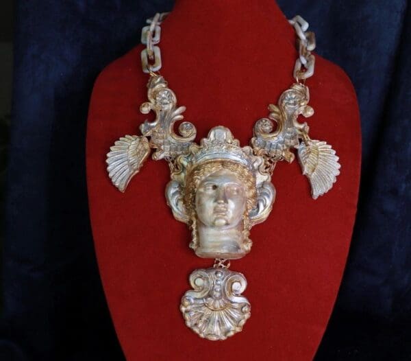 SOLD! 10002 Art Jewelry Greek Revival Athena Statue Stone Like Unusual Necklace