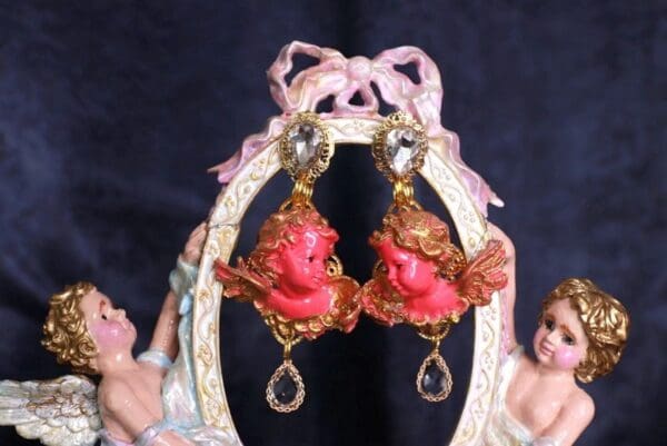 SOLD! 10005 Baroque Pink Cherubs Angels Earrings Studs - Image 2