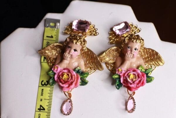 SOLD! 10006 Baroque Roses Cherubs Angels Earrings Studs - Image 5