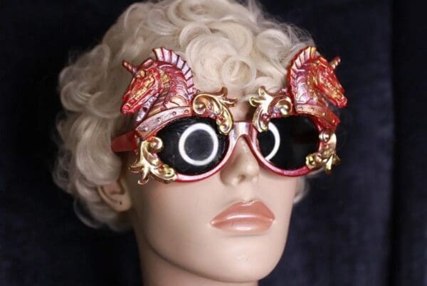 SOLD! 10009 Roman Steampunk Red Unicorns Faced Iridescent Embellished Sunglasses - Image 6