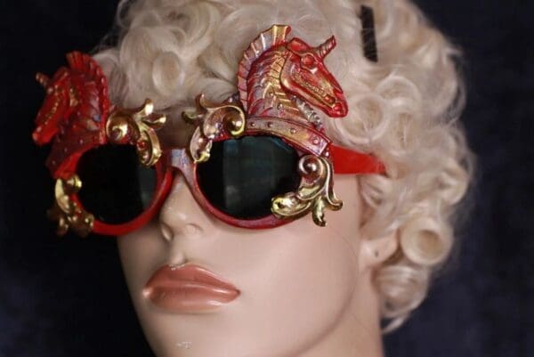 SOLD! 10009 Roman Steampunk Red Unicorns Faced Iridescent Embellished Sunglasses - Image 9