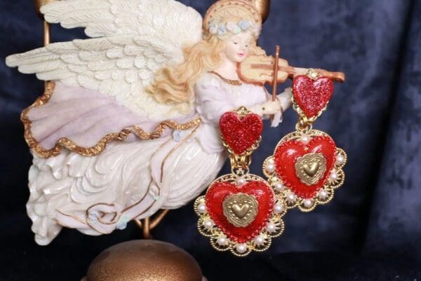 SOLD! 10011 Baroque Sacred Heart Red Earrings Studs