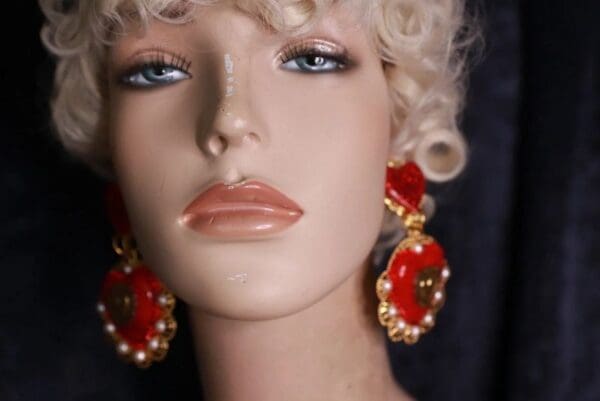 SOLD! 10011 Baroque Sacred Heart Red Earrings Studs - Image 4