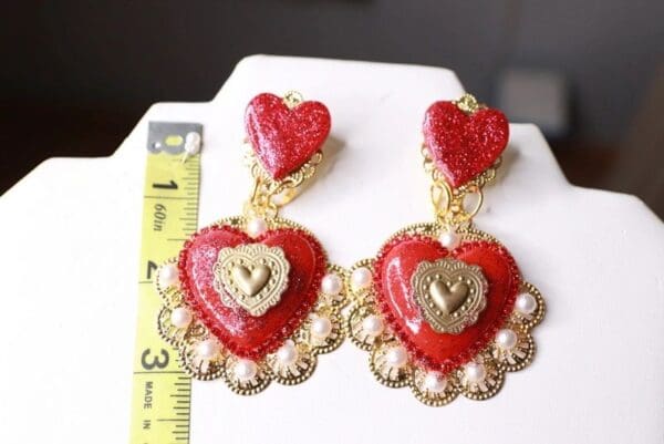 SOLD! 10011 Baroque Sacred Heart Red Earrings Studs - Image 5