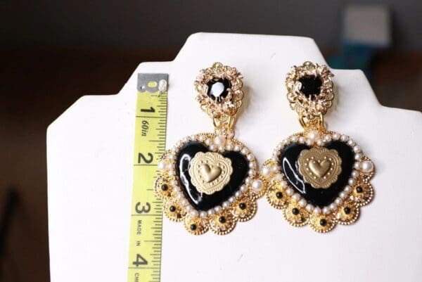 SOLD! 10012 Baroque Sacred Heart Black Earrings Studs - Image 5
