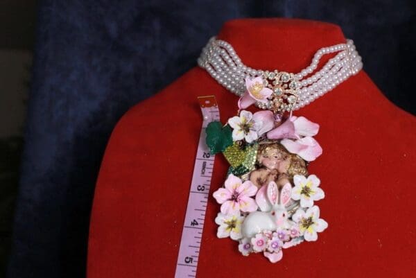 SOLD! 10025 Art Nouveau Bunny Cherubs Pearl Necklace - Image 6