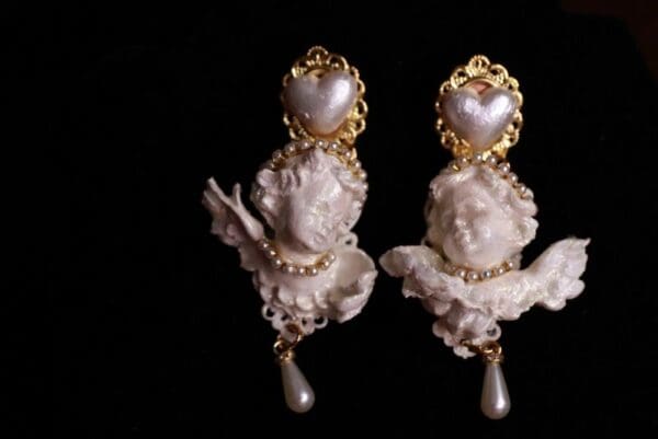 SOLD! 10027 Baroque Cherubs Chubby White Earrings Studs - Image 4