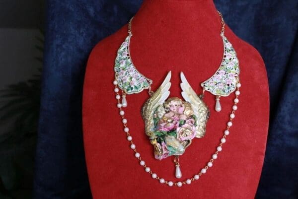 SOLD! 10038 Romantic Baroque Cherubs Angels Winged Massive Hand Painted Necklace - Image 2