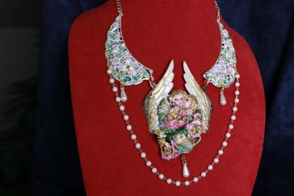 SOLD! 10038 Romantic Baroque Cherubs Angels Winged Massive Hand Painted Necklace - Image 3