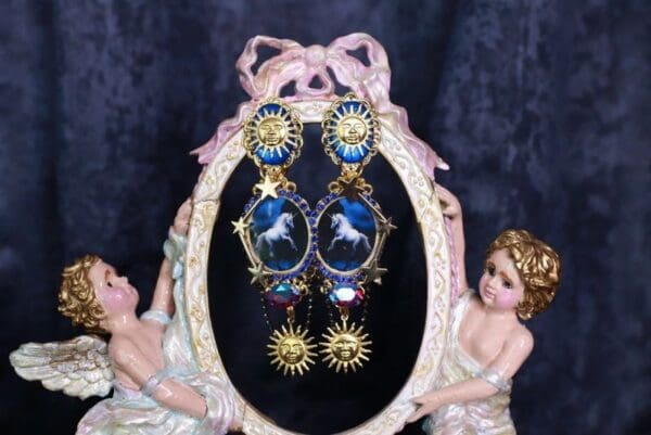 SOLD! 10042 Baroque Night Dream Unicorn Cameo Earrings Studs - Image 2