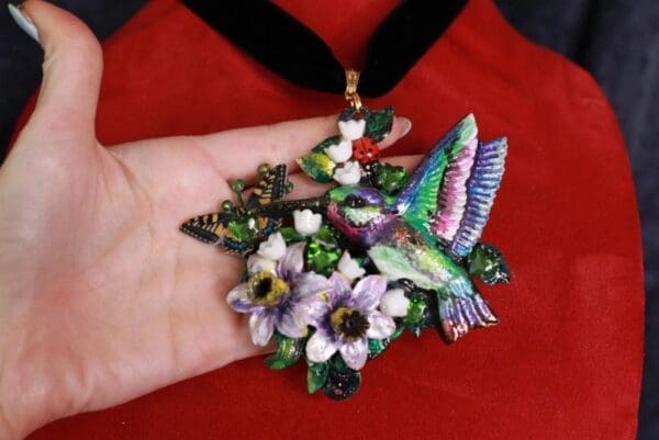 SOLD! 10056 Art Jewelry Hummingbird Velvet Choker Pendant Necklace - Image 6