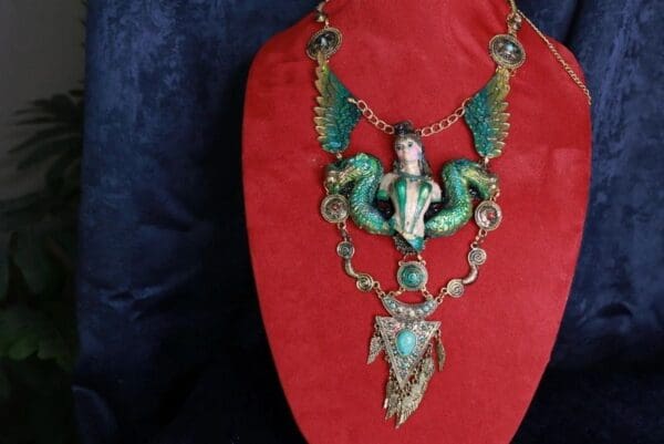 SOLD! 10058 Dark Series Art Jewelry 3D Effect Bronze Patina Greek Goddess Warrior Dragons Huge Necklace - Image 2