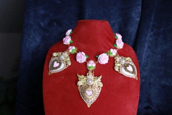 SOLD! 10061 Baroque Sacred Pink Hearts Roses Necklace - Image 2