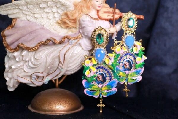 SOLD 10072 Virgin Mary Madonna Dragonfly Earrings Studs