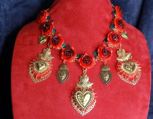 SOLD! 10068 Baroque Sacred Heart Red Roses Massive Necklace - Image 2