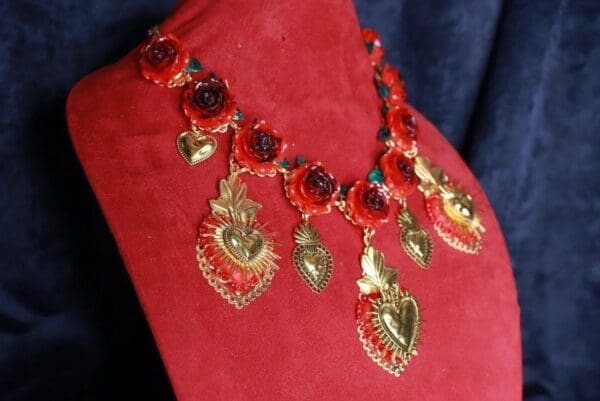 SOLD! 10068 Baroque Sacred Heart Red Roses Massive Necklace - Image 3