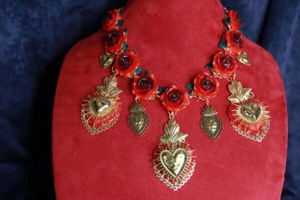 SOLD! 10068 Baroque Sacred Heart Red Roses Massive Necklace - Image 4