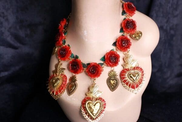 SOLD! 10068 Baroque Sacred Heart Red Roses Massive Necklace - Image 6