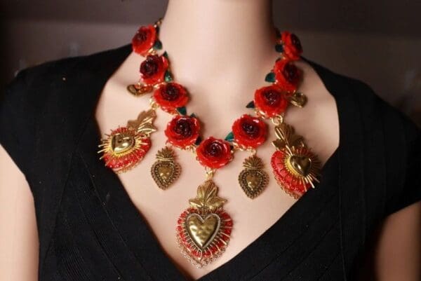 SOLD! 10068 Baroque Sacred Heart Red Roses Massive Necklace