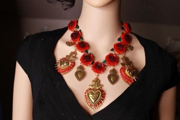 SOLD! 10068 Baroque Sacred Heart Red Roses Massive Necklace - Image 7